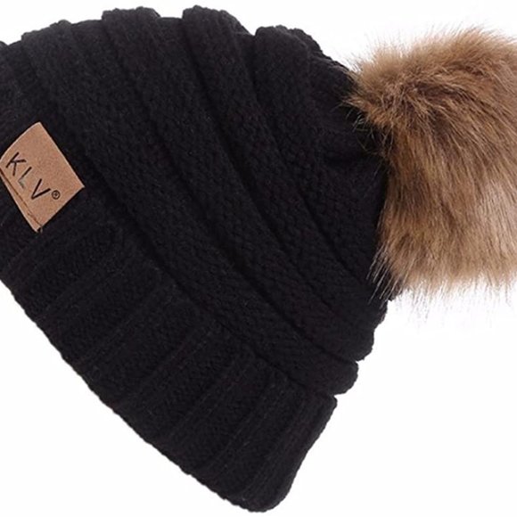 KLV Accessories - 4/$25 Black Pom Pom Beanie By KLV